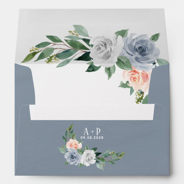 Dusty Blue Blush Pink Peach Floral Vintage Wedding Envelope (Back (Bottom))