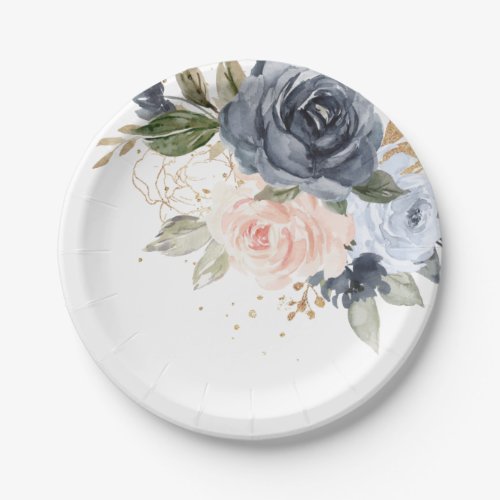 Dusty Blue Blush Pink Rose Botanical Wedding Paper Plates