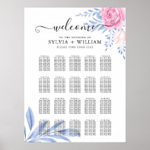 Dusty Blue Blush Pink Rose Wedding Seating Chart