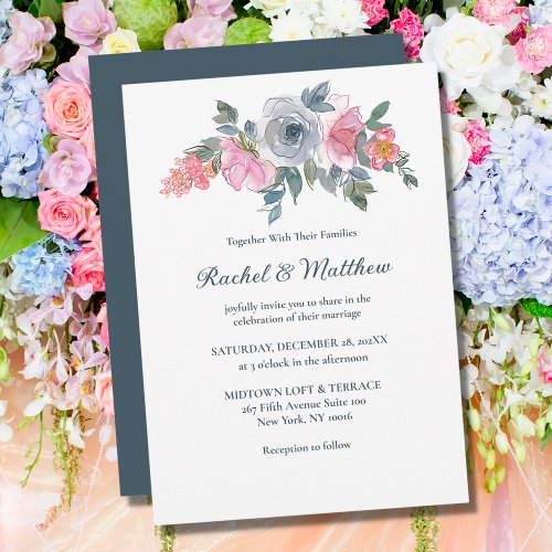 Dusty Blue  Blush Pink Watercolor Floral Wedding  Invitation