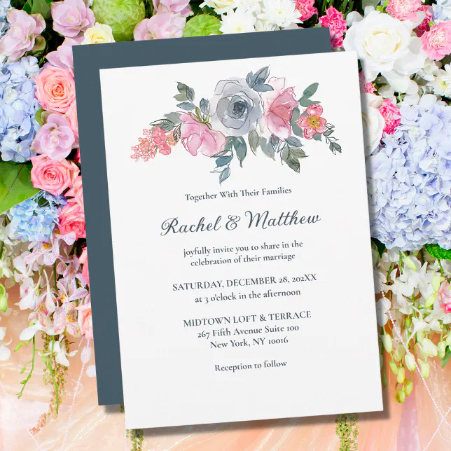 Dusty Blue & Blush Pink Watercolor Floral Wedding Invitation | Zazzle