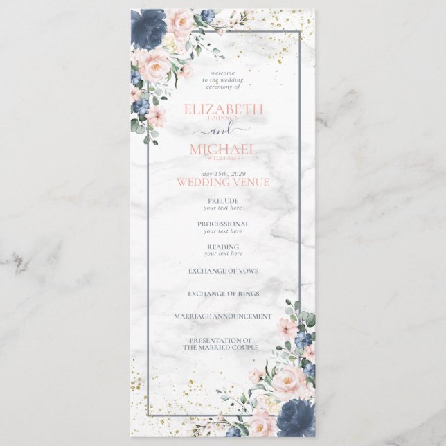 Dusty Blue Blush Pink Watercolor Wedding Program (Front)