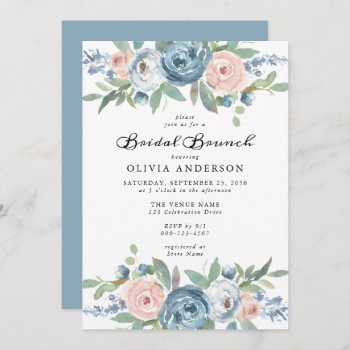 Dusty Blue & Blush Rose Floral Bridal Brunch Invitation by oddowl at Zazzle