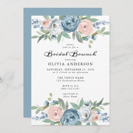 Dusty Blue & Blush Rose Floral Bridal Brunch Invitation