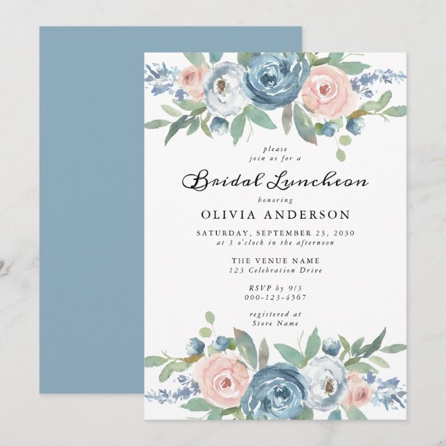 Dusty Blue & Blush Rose Floral Bridal Luncheon Invitation (Front/Back)