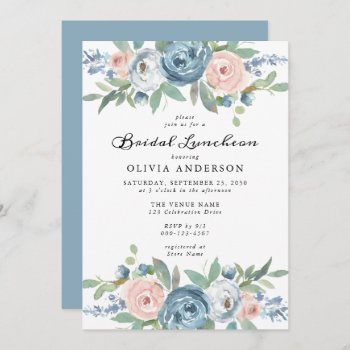 Dusty Blue & Blush Rose Floral Bridal Luncheon Invitation by oddowl at Zazzle