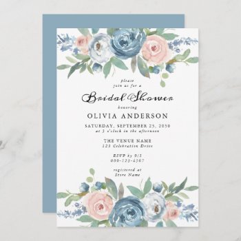 Dusty Blue & Blush Rose Floral Bridal Shower Invitation by oddowl at Zazzle