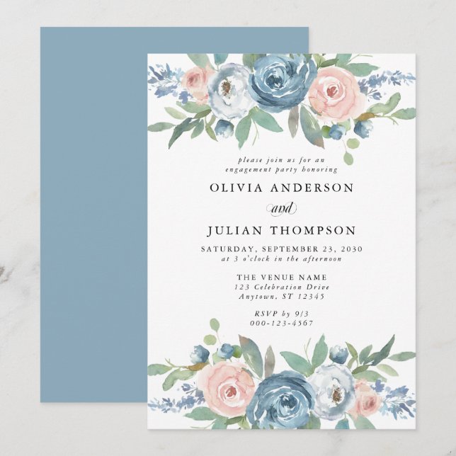 Dusty Blue & Blush Rose Floral Engagement Party Invitation (Front/Back)