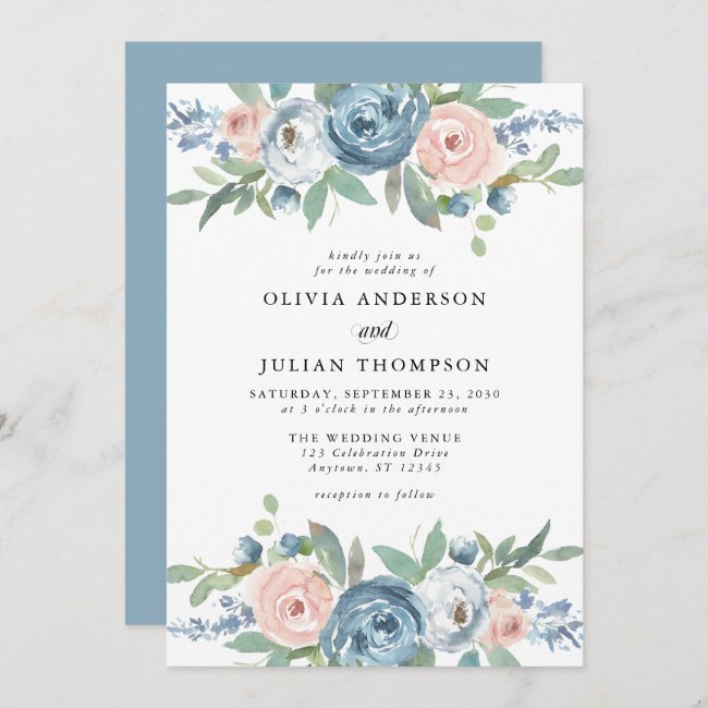 Dusty Blue & Blush Rose Floral Watercolor Wedding Invitation