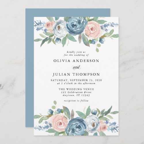 Dusty Blue  Blush Rose Floral Watercolor Wedding Invitation