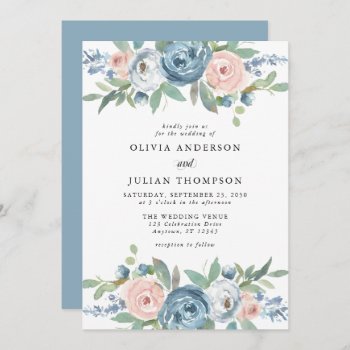 Dusty Blue & Blush Rose Floral Watercolor Wedding Invitation by oddowl at Zazzle