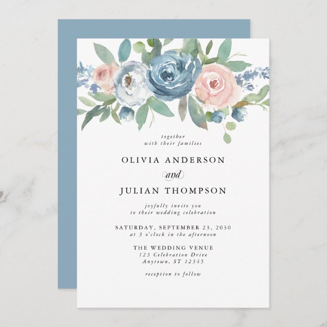 Dusty Blue & Blush Rose Floral Watercolor Wedding Invitation
