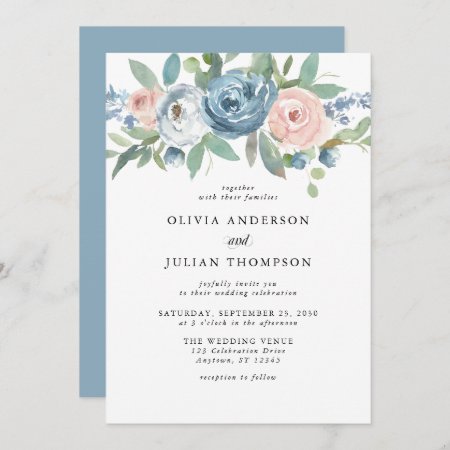 Dusty Blue & Blush Rose Floral Watercolor Wedding Invitation