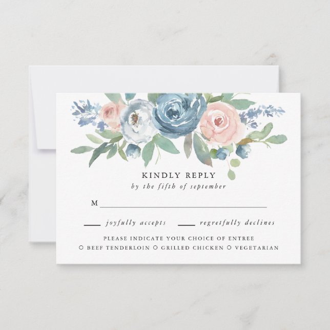 Dusty Blue & Blush Rose Wedding Meal Choice RSVP Card (Front)