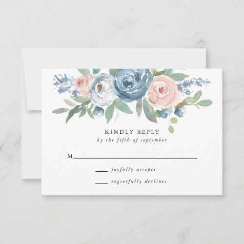 Dusty Blue  Blush Rose Wedding RSVP Card