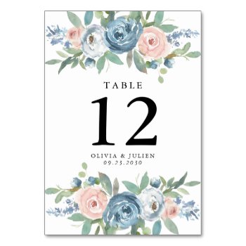 Dusty Blue & Blush Rose Wedding Table Number Cards by oddowl at Zazzle
