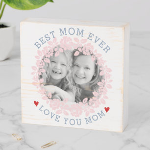 Dusty blue, blush rose wreath Mothers Day photo Wooden Box Sign
