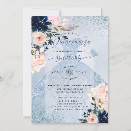 Dusty BlueBlush Roses Glitter Gown Quinceanera Invitation