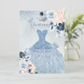 Dusty Blue+Blush Roses Glitter Gown Quinceanera Invitation (Standing Front)