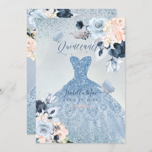 Dusty BlueBlush Roses Glitter Gown Quinceanera Invitation