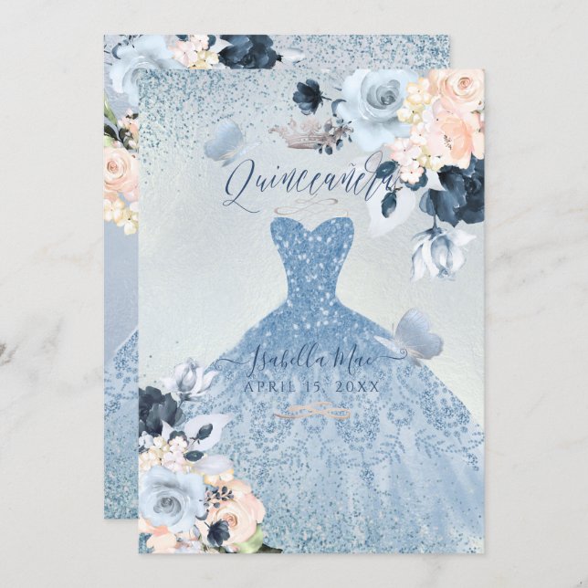 Dusty Blue+Blush Roses Glitter Gown Quinceanera Invitation (Front/Back)