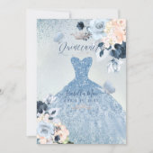 Dusty Blue+Blush Roses Glitter Gown Quinceanera Invitation (Front)