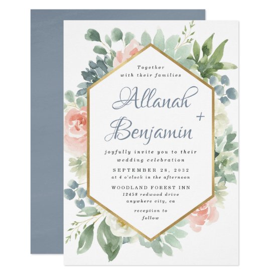 Dusty Blue Blush Succulent Floral Garden Wedding Invitation