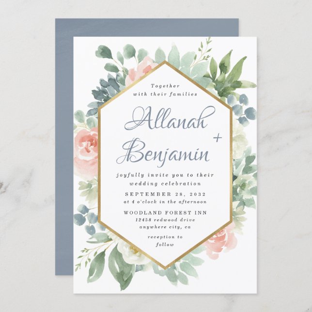 Dusty Blue Blush Succulent Floral Garden Wedding Invitation (Front/Back)