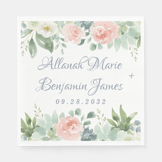 Dusty Blue Blush Succulent Floral Garden Wedding Napkin