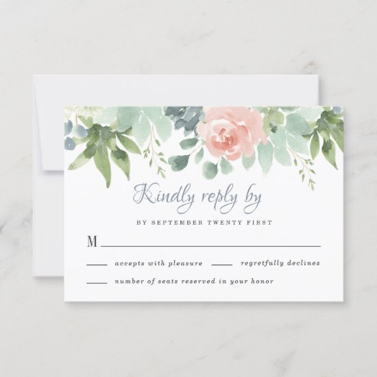 Dusty Blue Blush Succulent Floral Garden Wedding RSVP Card
