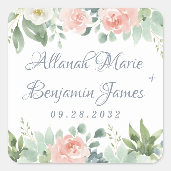 Dusty Blue Blush Succulent Floral Garden Wedding Square Sticker
