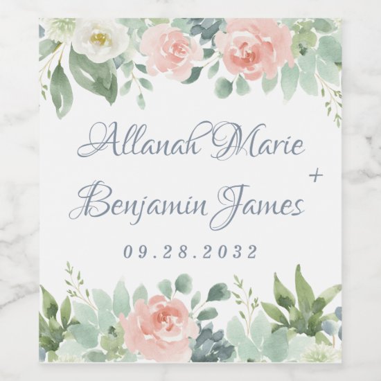 Dusty Blue Blush Succulent Floral Garden Wedding Wine Label