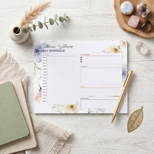 Dusty Blue Blush Watercolor Floral Daily Schedule  Notepad (Creator Uploaded)