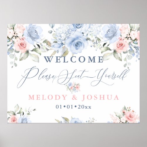 Dusty BlueBlush Watercolor Roses Seat Yourself Poster