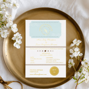Dusty Blue Boarding Pass Cosmic Wedding  Foil Invitation