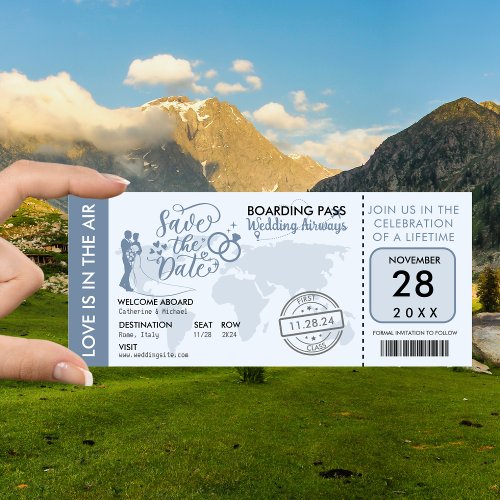 Dusty Blue Boarding Pass Destination Wedding  Save The Date