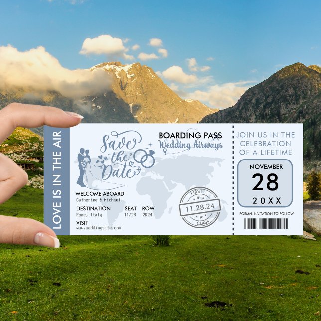 Dusty Blue Boarding Pass Destination Wedding  Save The Date (Creator Uploaded)