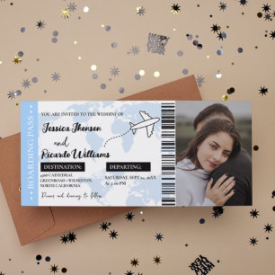 Dusty Blue Boarding pass monogram wedding ticket Invitation