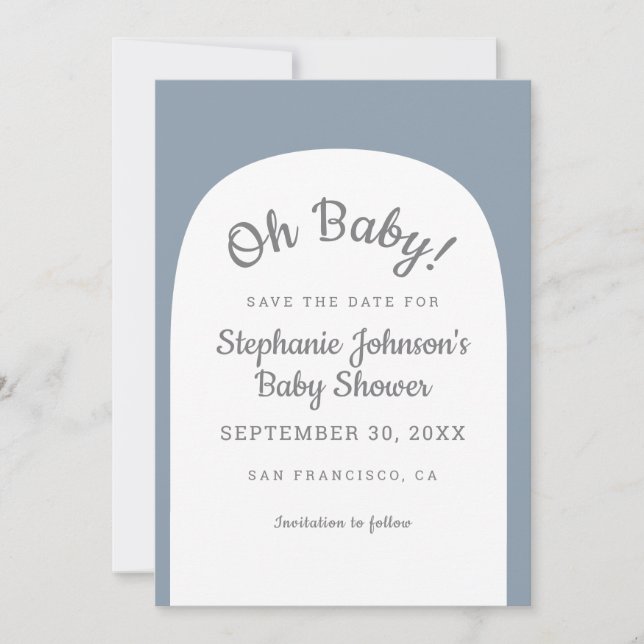 Dusty Blue Bohemian Arch Oh Baby Baby Shower   Save The Date (Front)