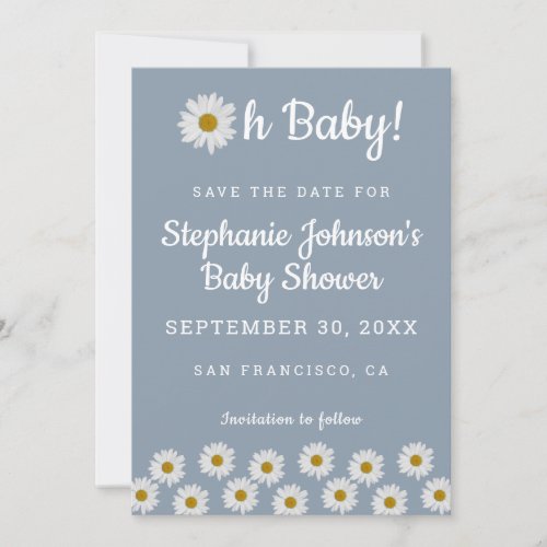 Dusty Blue Bohemian Daisies Oh Baby Baby Shower   Save The Date