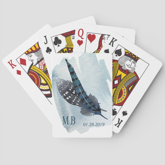 Dusty Blue Bohemian Feather Watercolor Poker Cards (Back)