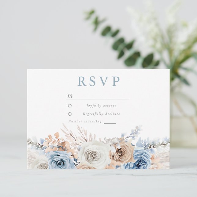 Dusty Blue Bohemian Floral All Occasions & Wedding RSVP Card (Standing Front)