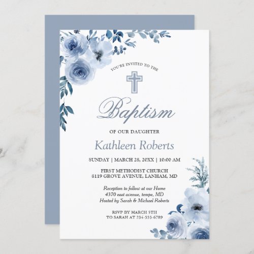 Dusty Blue Bohemian Floral Baptism Christening Invitation