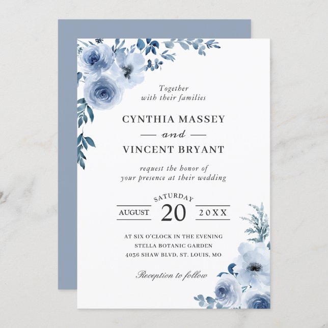 Dusty Blue Bohemian Floral Boho Wedding Invitation (Front/Back)
