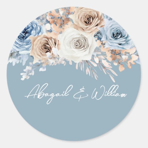 Dusty Blue Bohemian Floral Wedding Engagement Classic Round Sticker