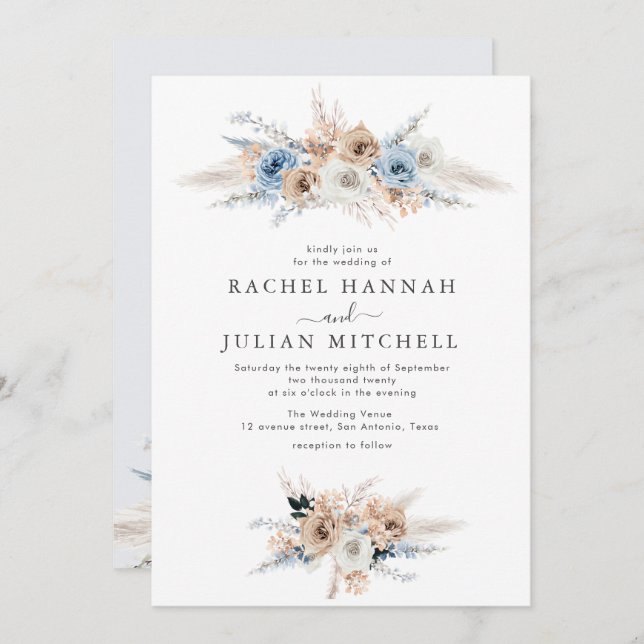 dusty blue bohemian floral wedding invitation (Front/Back)