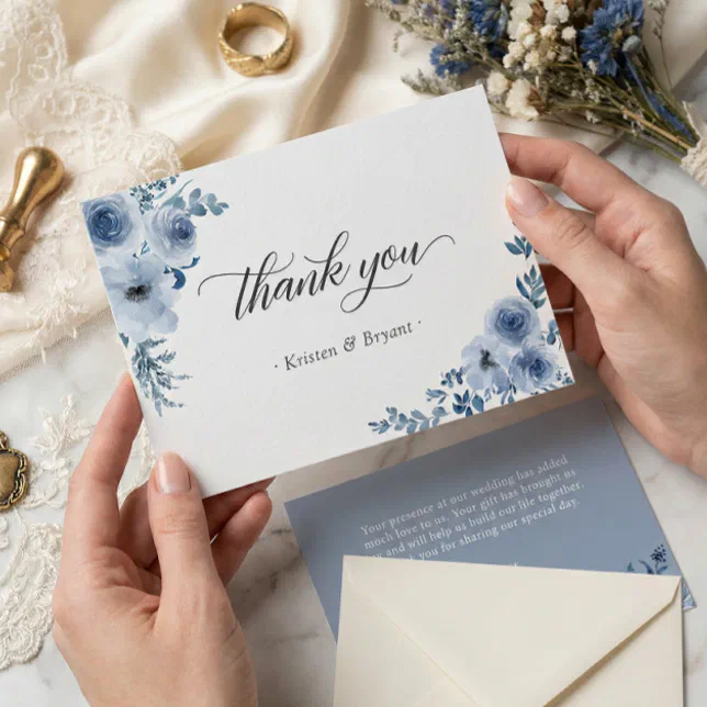 Dusty Blue Bohemian Pastel Floral Wedding Flat Thank You Card | Zazzle