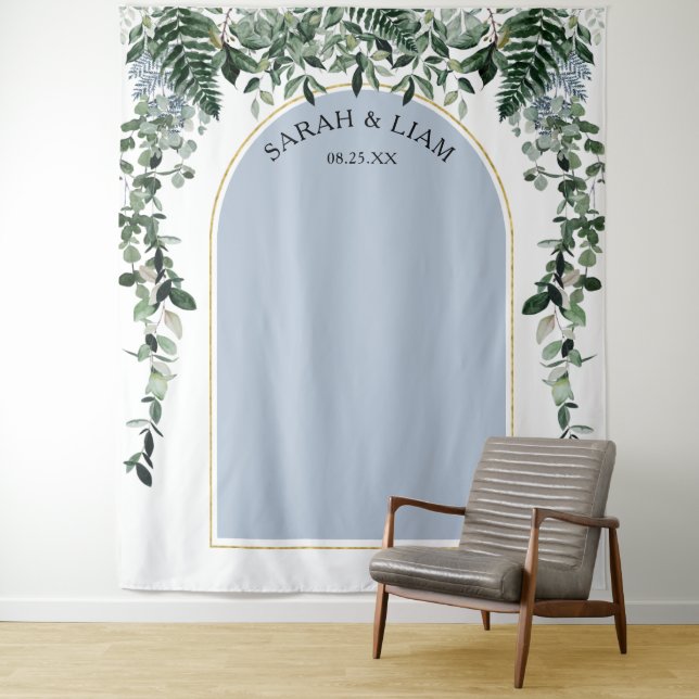 Dusty Blue Boho Arch Botanic wedding backdrop (In Situ)