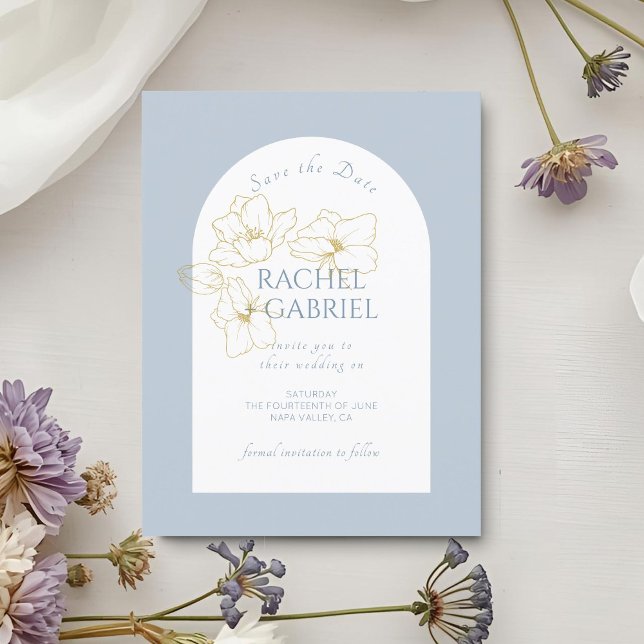 Dusty Blue | Boho Arch Gold Floral Wedding  Save The Date (Creator Uploaded)