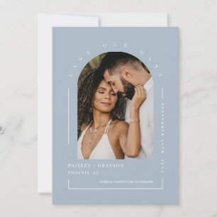 Dusty Blue Boho Arch Photo QR Code Save Our Date Invitation